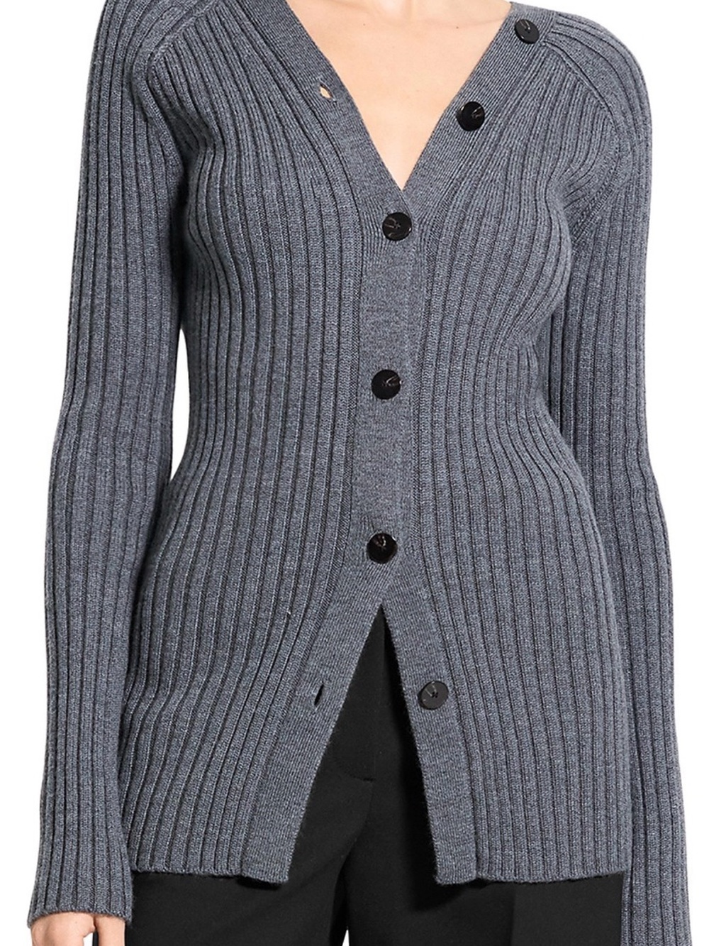 Theory Gray Ribbed V-Neck Button Cardigan
